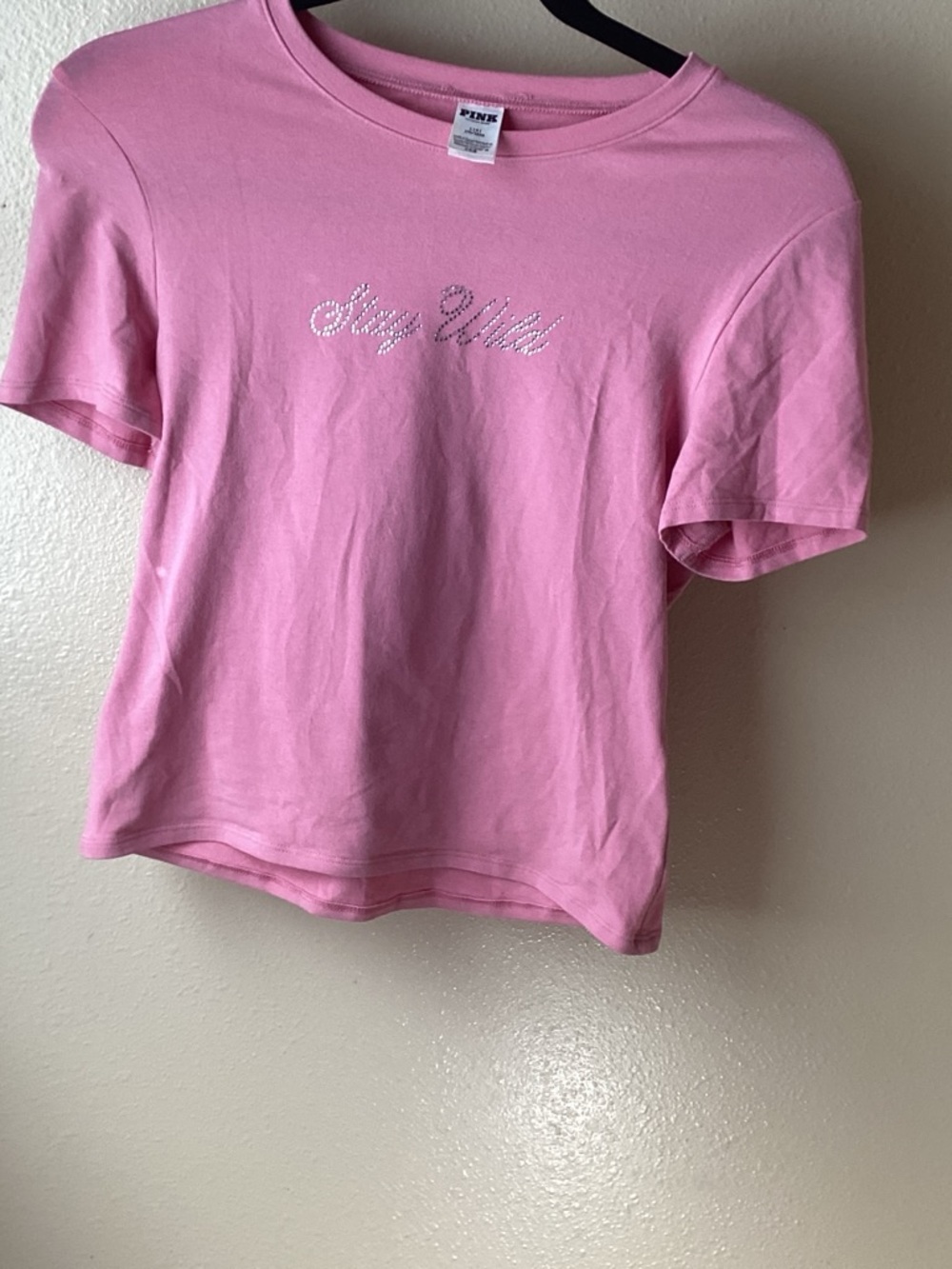 NWOT Victoria’s Secret Pink Tee/Rhinestone Cursive Embellishment “Stay Wild”